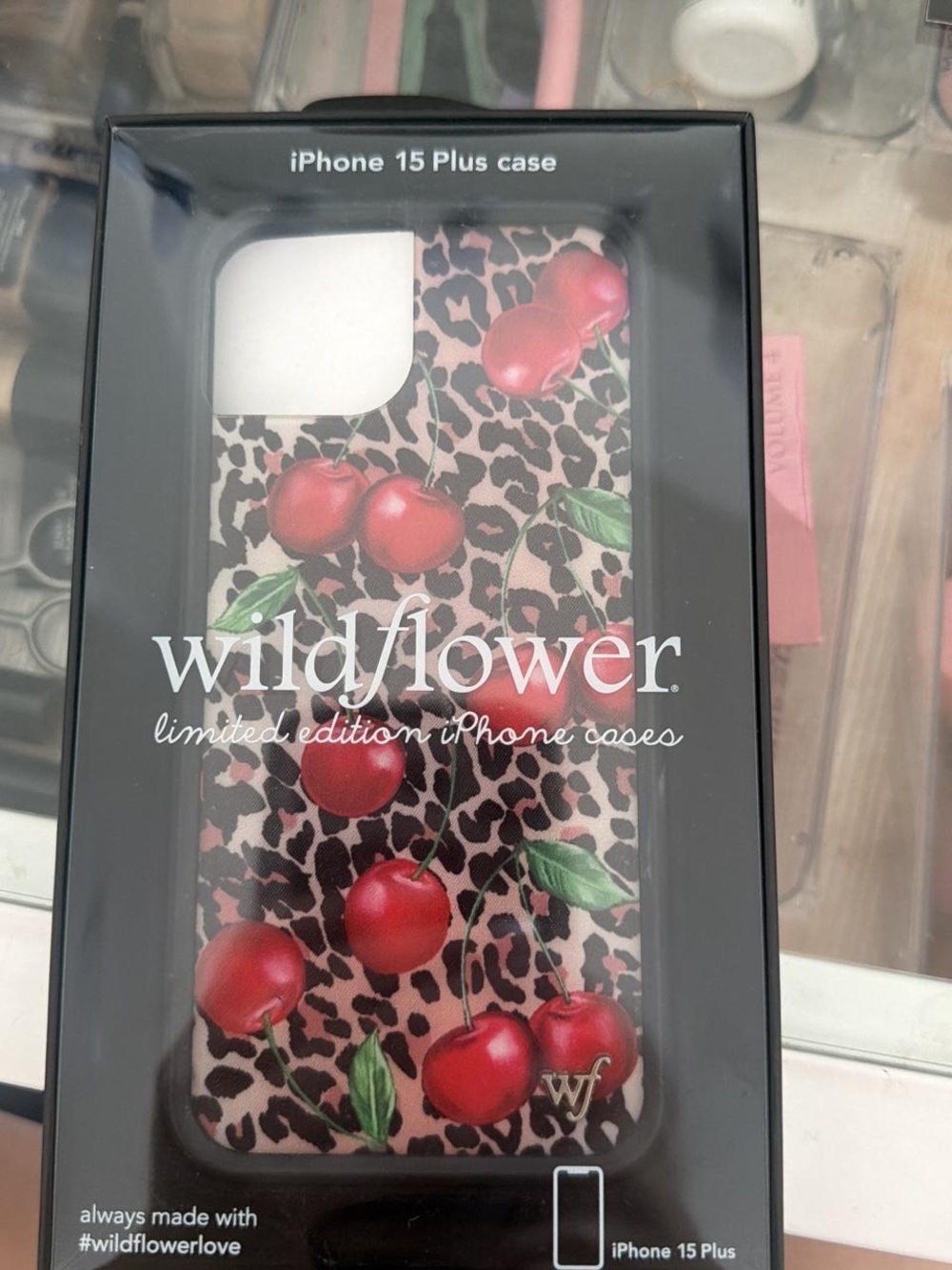 Wildflower iPhone 15 Plus Case - Red Cherries on Leopard Print